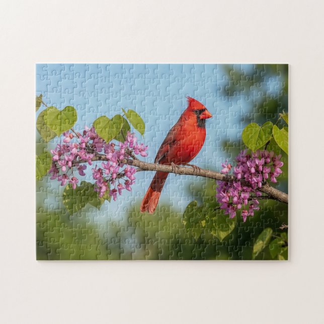 Quebra-cabeça Cardinal em um galho de Redbud (Horizontal)