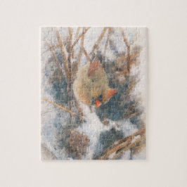 Quebra-cabeça Cardinal Fêmea Aquarela de Inverno