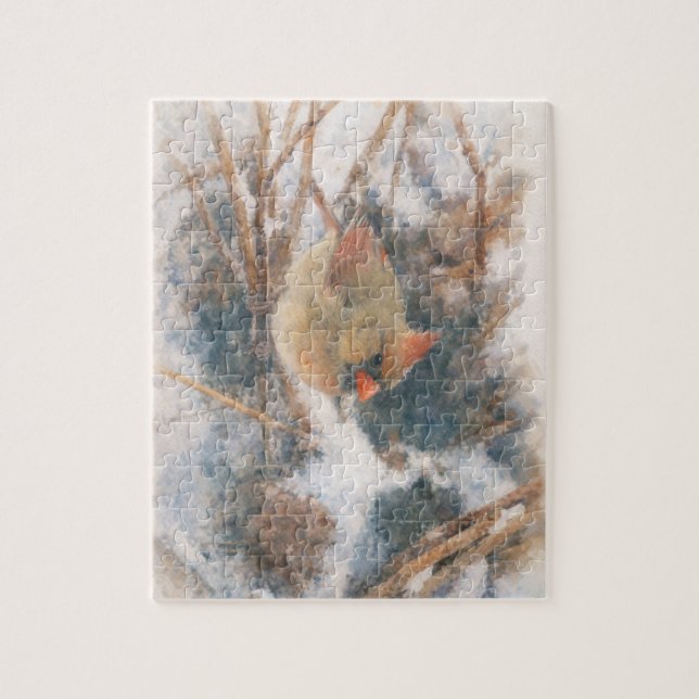 Quebra-cabeça Cardinal Fêmea Aquarela de Inverno (Vertical)