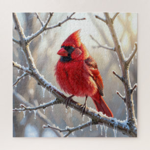 Quebra-cabeça Cardinal Posado no Ramo de Inverno com Pingentes d