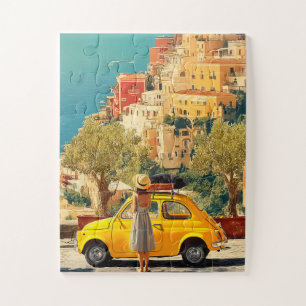 Quebra-cabeça Carro Amarelo Antigo na Costa Amalfitana, Positano
