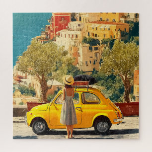 Quebra-cabeça Carro Amarelo Antigo na Costa Amalfitana, Positano