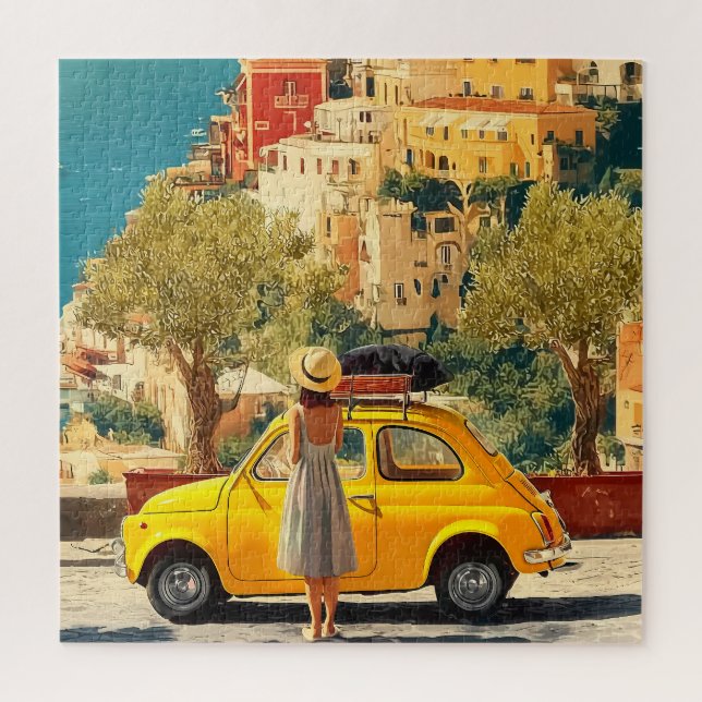 Quebra-cabeça Carro Amarelo Antigo na Costa Amalfitana, Positano (Vertical)