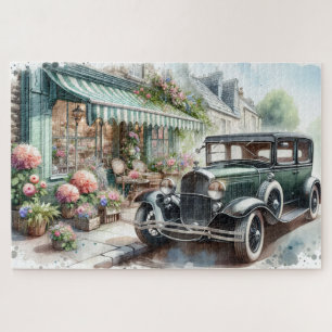 Quebra-cabeça Carro Antigo e Charmoso Loja de Flores Aquarela