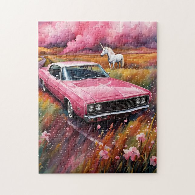 Quebra-cabeça Carro Rosa Antigo e um Unicórnio em um Prado (Vertical)