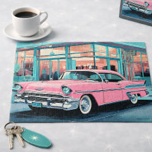 Carro Rosa dos Anos 50 Retro Lanchonete de Meados 