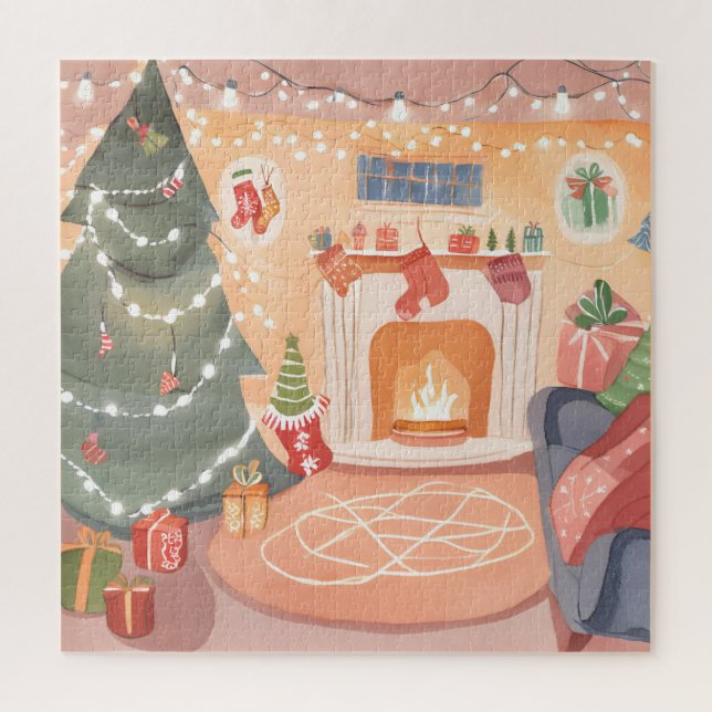 Quebra-cabeça Cartão de Natal com Lareira em Aquarela (Vertical)