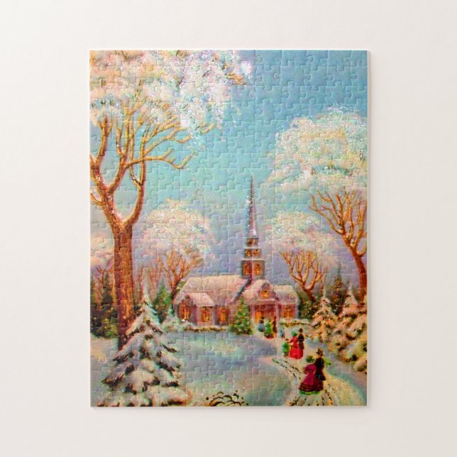 Quebra-cabeça Cartão-postal da cena de neve da igreja (Vertical)