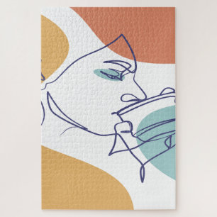 Quebra-cabeça cartaz de desenho de arte linear de mulher bebendo