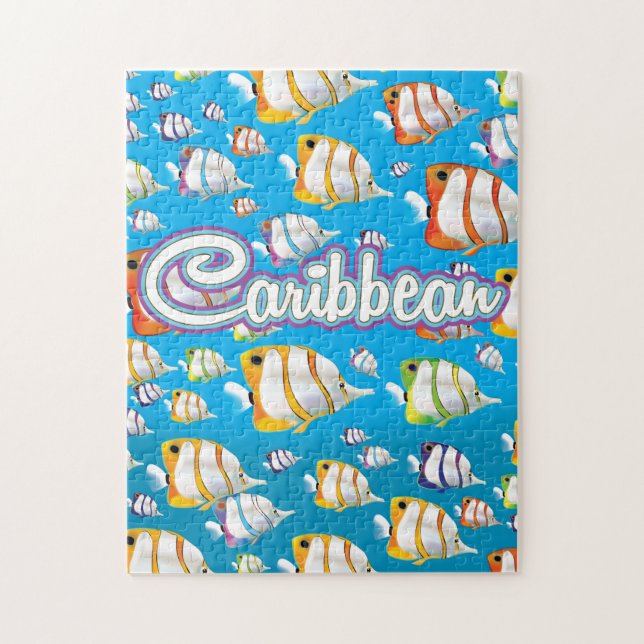 Quebra-cabeça Cartaz de viagem de peixes tropicais do Caribe. (Vertical)