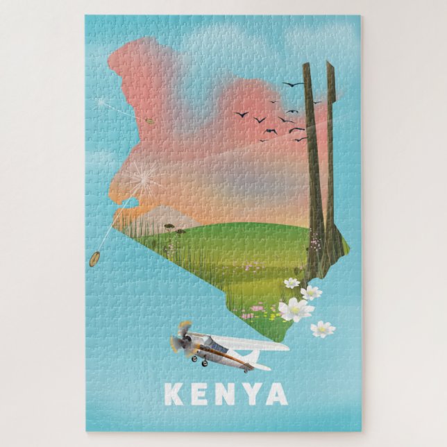 Quebra-cabeça Cartaz de viagem ilustração do mapa do Quênia. (Vertical)