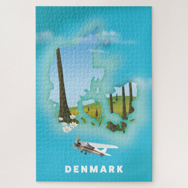 Quebra-cabeça cartaz de viagem ilustrado do mapa da Dinamarca. (Vertical)