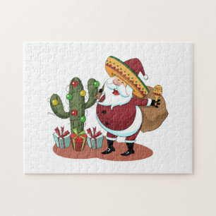Quebra-cabeça Cartoon cactus e Papai Noel vestindo um sombrero