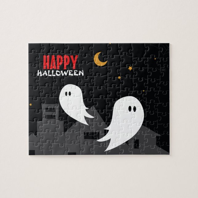 Quebra-cabeça Cartoon fantasma da cidade de Halloween (Horizontal)
