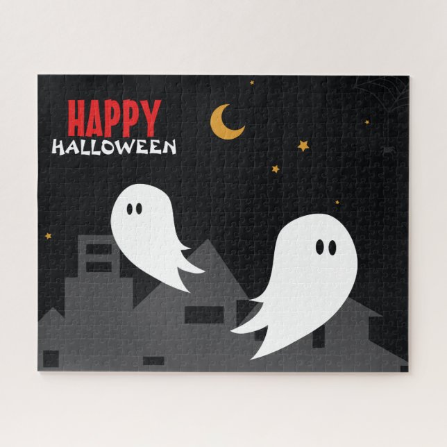 Quebra-cabeça Cartoon fantasma da cidade de Halloween (Horizontal)