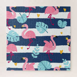 Quebra-cabeça Cartoon Flamingos: Vintage Tropical de Verão.