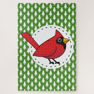 Quebra-cabeça Cartoon Red Cardinal sobre Pinheiros Brancos Verde