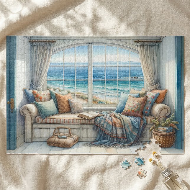 Quebra-cabeça Casa Aconchegante com Banco de Janela à Beira-Mar  (Cozy Coastal Window Seat Cottagecore Jigsaw Puzzle)