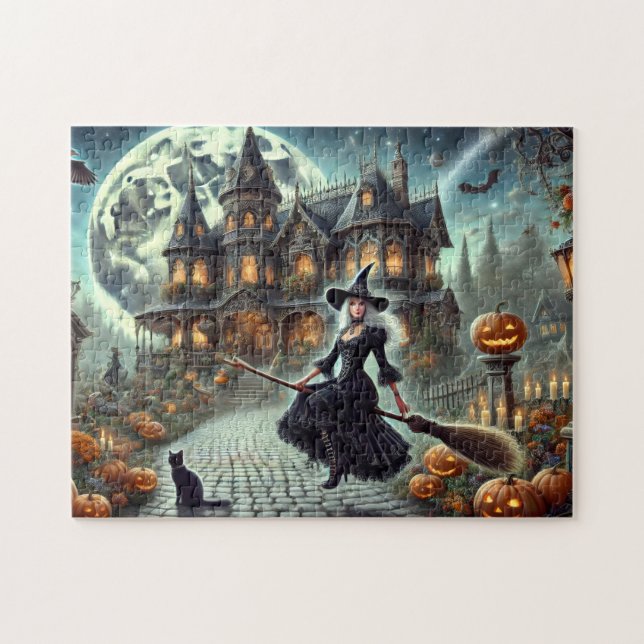 Quebra-cabeça Casa Assombrada da Bruxa Victoriana Halloween Moon (Horizontal)
