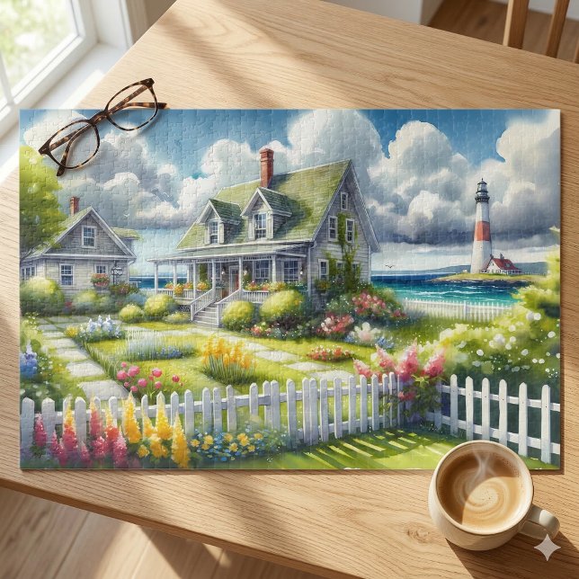Quebra-cabeça Casa com Vista para o Farol (Cottage With View Of The Lighthouse Jigsaw Puzzle On Wood Table)