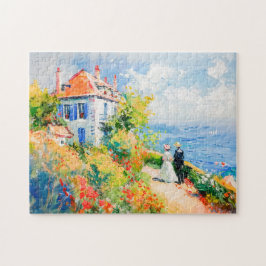 Quebra-cabeça Casa Costeira com Flores Impressionista Paisagem M