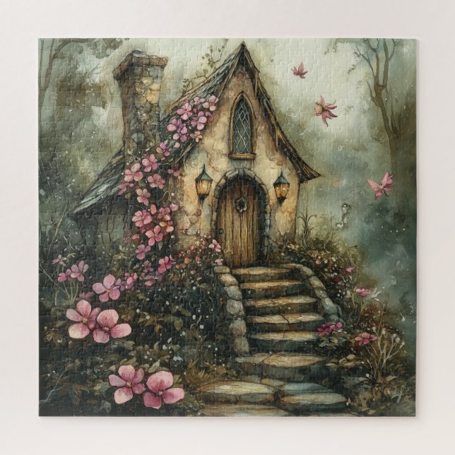 Quebra-cabeça Casa de Contos de Fadas com Flores Rosas (Vertical)