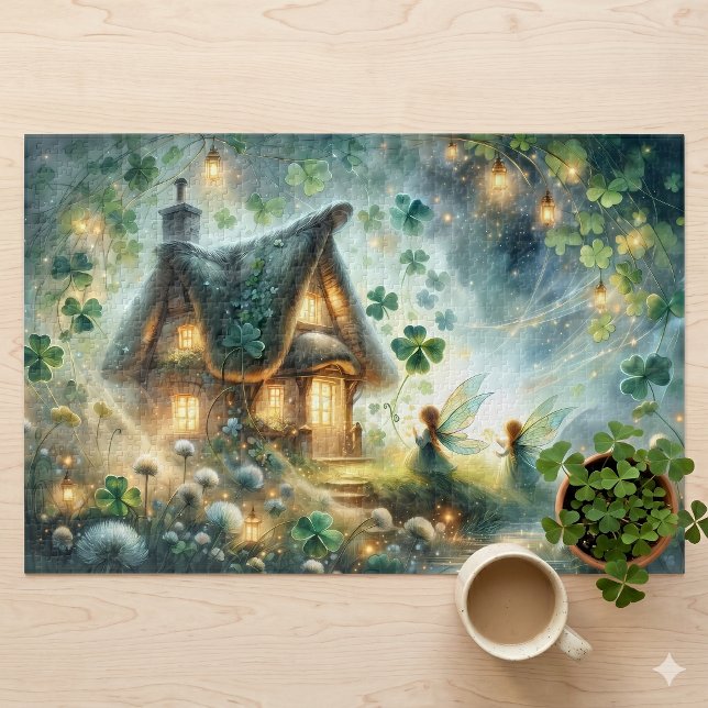 Quebra-cabeça Casa de Fadas do Trevo Reluzente (Shamrock Fairy Cottage Glow Jigsaw Puzzle)