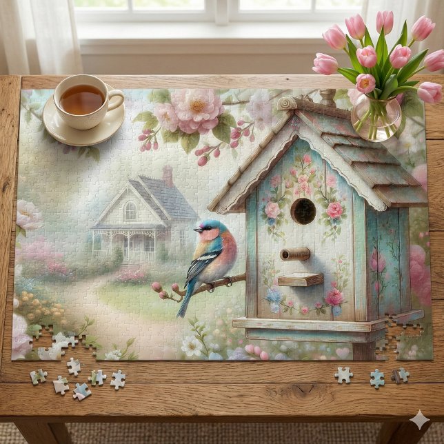 Quebra-cabeça Casa de Pássaros da Primavera com Flores Pastel e  (Spring Birdhouse With Pastel Flowers And Bird Jigsaw Puzzle Mockup)