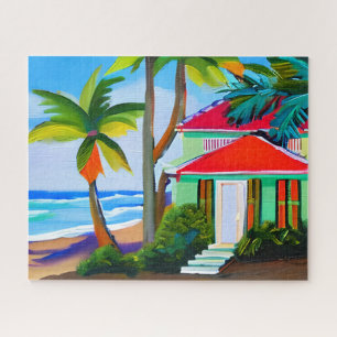 Quebra-cabeça Casa de Praia Verde Arte Oceânica Tropical