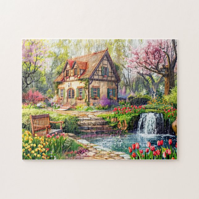 Quebra-cabeça Casa de primavera com tulipas em flor (Horizontal)