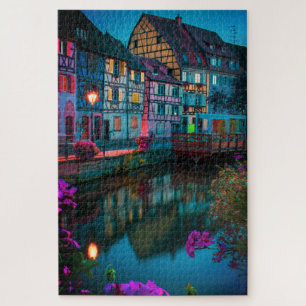 Quebra-cabeça Casa de Tudor Cottage noite no rio na França