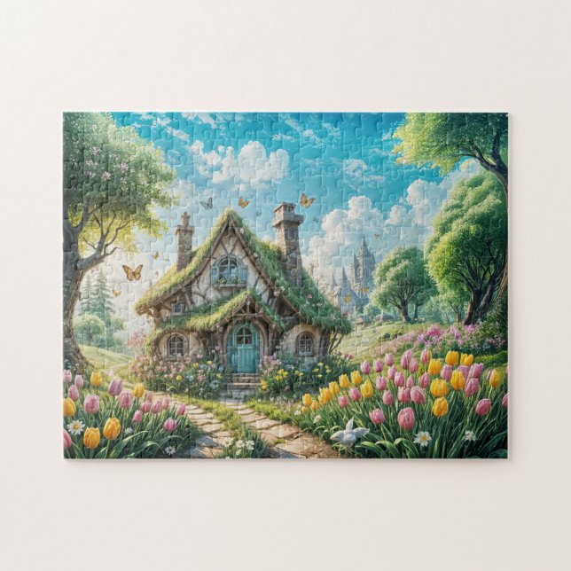 Quebra-cabeça Casa Encantadora com Jardim de Tulipas (Horizontal)