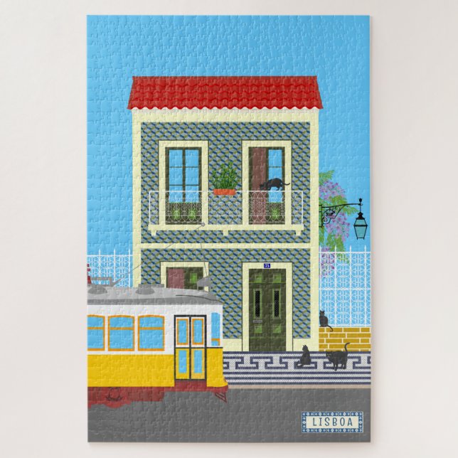 Quebra-cabeça Casa velha de Lisboa com gatos e elétrico amarelo (Vertical)