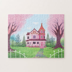 Quebra-cabeça Casa Vitoriana Rosa e Flor de Cereja