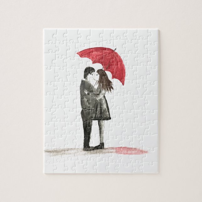 Quebra-cabeça Casal de amor com guarda-chuva vermelha (Vertical)