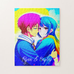 Quebra-cabeça Casal de anime personalizado, cor-de-rosa e azul
