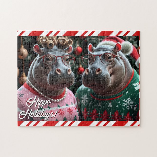Quebra-cabeça Casal Holiday Hippo em Suéteres de Natal (Horizontal)