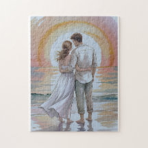 Casal na praia ao pôr do sol puzzle
