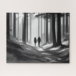 Quebra-cabeça Casal Romântico preto e branco caminha na floresta
