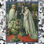 Quebra-cabeça Casamento vintage, noiva e noiva com Menorah<br><div class="desc">Ilustração Vintage,  amor e cerimônia de casamento romântica,  com uma imagem de um casal se casando em uma bela sinagoga com vitrines coloridas,  flores e uma menorah de sete galhos. A noiva está vestindo um longo vestido branco e o noivo é bonito em seu smoking.</div>