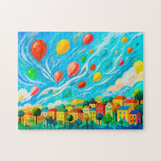 Quebra-cabeça Casas coloridas com balões no céu ventoso (Horizontal)
