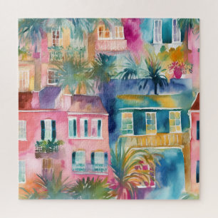Quebra-cabeça Casas de Aquarela Rosa Verde-água Amarelo Palmeira