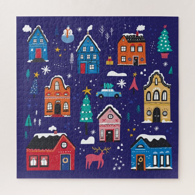 Quebra-cabeça Casas De Natal: Ilustração Vintage Plana. (Vertical)