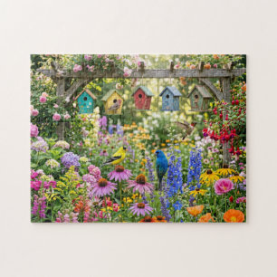 Quebra-cabeça Casas de Pássaros, Aves Vibrantes e Flores em Flor