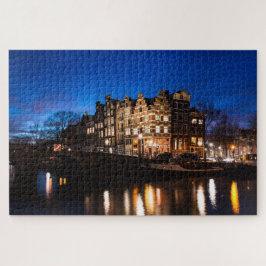 Quebra-cabeça Casas do canal da cidade de Amsterdão na noite