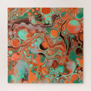 Quebra-cabeça Castanho, Teal, Laranja Marble, Arte Fluida