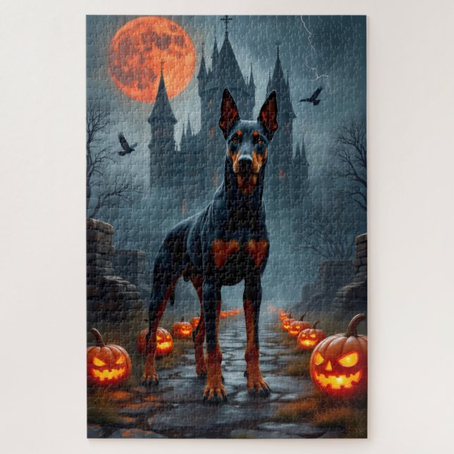 Quebra-cabeça Castelo Gótico Doberman Arte de Halloween (Vertical)