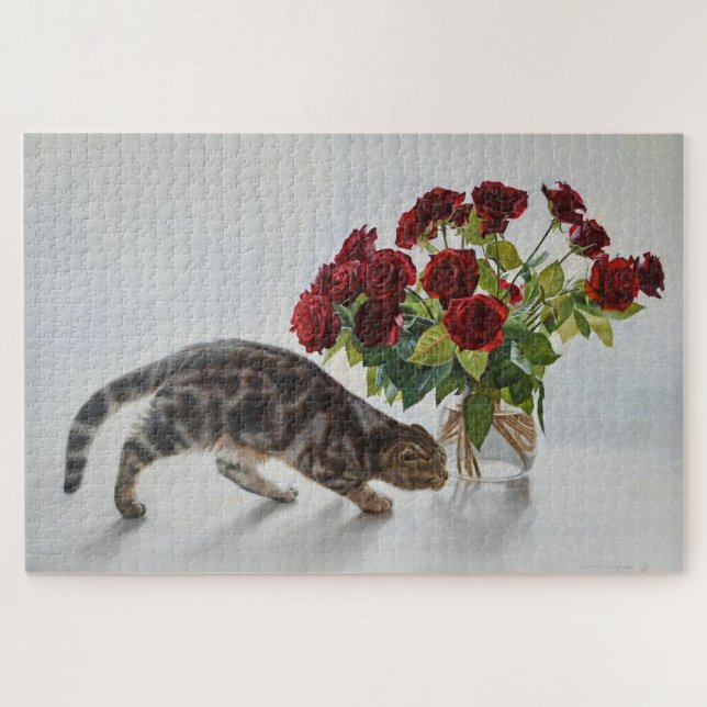 Quebra-cabeça Cat and Red Roses – Realistic Oil Painting Print (Horizontal)