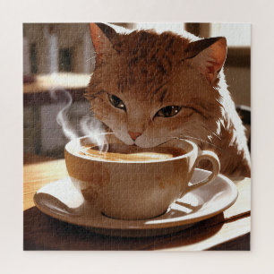 Quebra-cabeça Cat drinking coffee from a cup