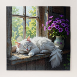 Quebra-cabeça Cat Napping on the Window Sill | Purple Flowers